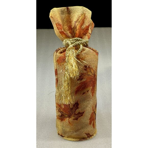 Autumn Themed Decorative 6" Pillar Candle w Leaf-Print Fabric Bag Gold Rope Tie - Picture 2 of 2